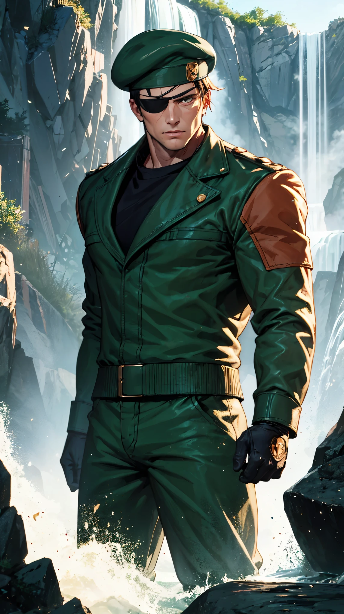 heidern,1guy,eye patch,beret,at the waterfall,green uniform,hands behind back,black shirt,standing,cowboy shot,long sleeves,gloves,masterpiece,highres,sharp focus,cinematic lighting,detailed face,detailed eye,