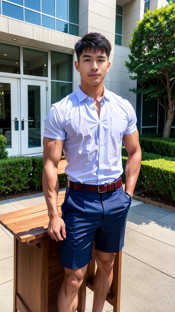 Masterpiece, best quality, High quality, วอลล์เปเปอร์ CG unity 8k ที่มีvery detailed, depth of field, HDR,,photorealistic,very detailed, 1 man sitting on a chair, Asia, black short hair, , (Thai , white shirt), blue cargo shorts, chest muscles, Big arm muscles, blood vessel, big muscles, Broad shoulders, looking at the audience, Balancing the eyes, (Make eye contact) (outside the building:1.3)