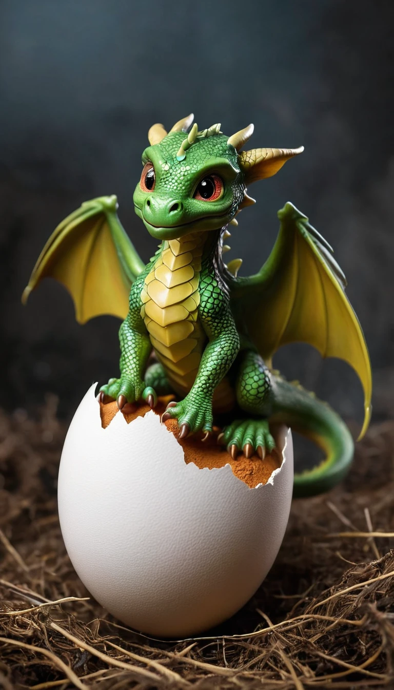 Baby dragon raises its small head from the egg,