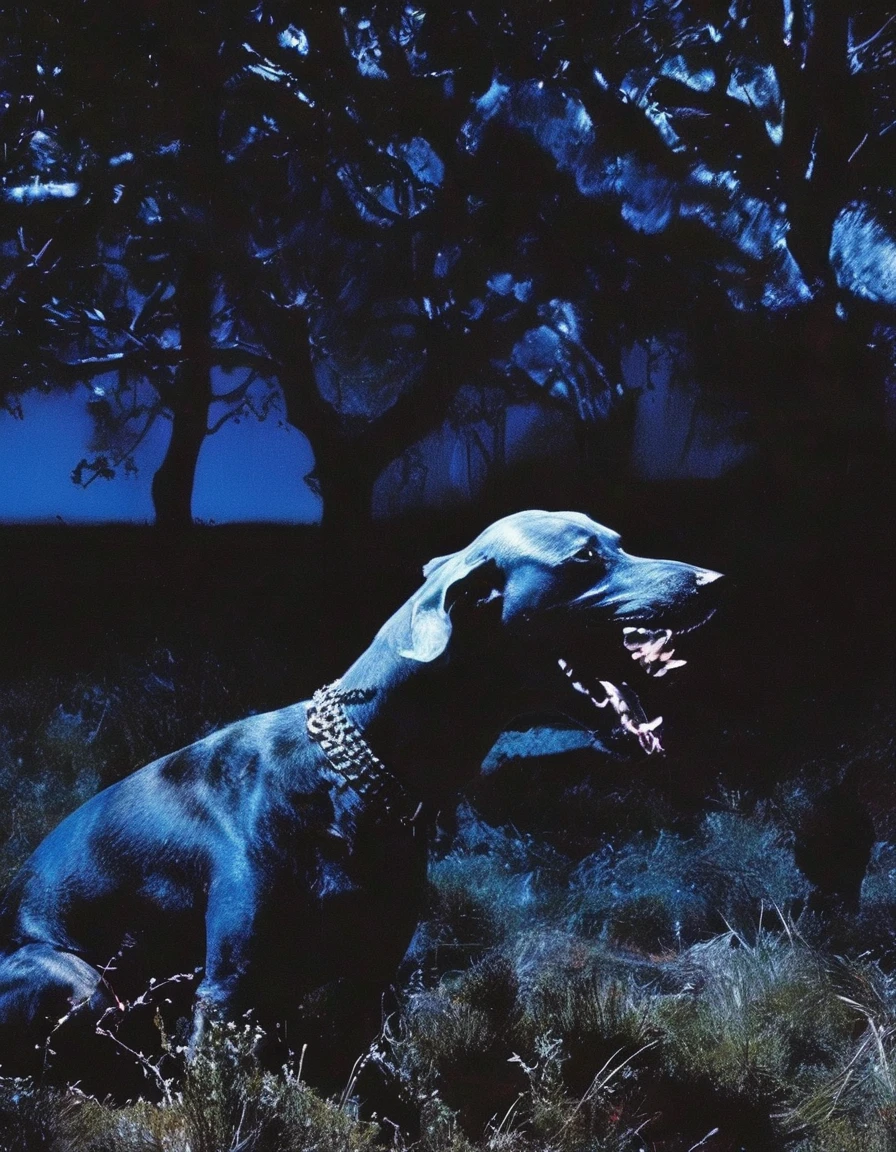 glitch art, fashion shoot, black dog in forest at night, blue background