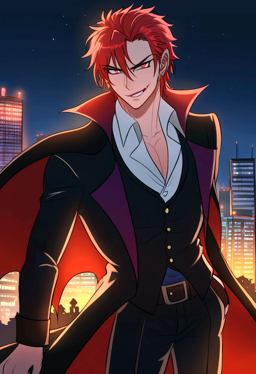 anime character with red hair and a black jacket, with red hair, anime handsome man, male anime character, 1boy, solo, suoh mikoto, k project, (((vampire))), insanity, malkavian, city in background, (night), smirk, cowboy shot, dynamic lighting