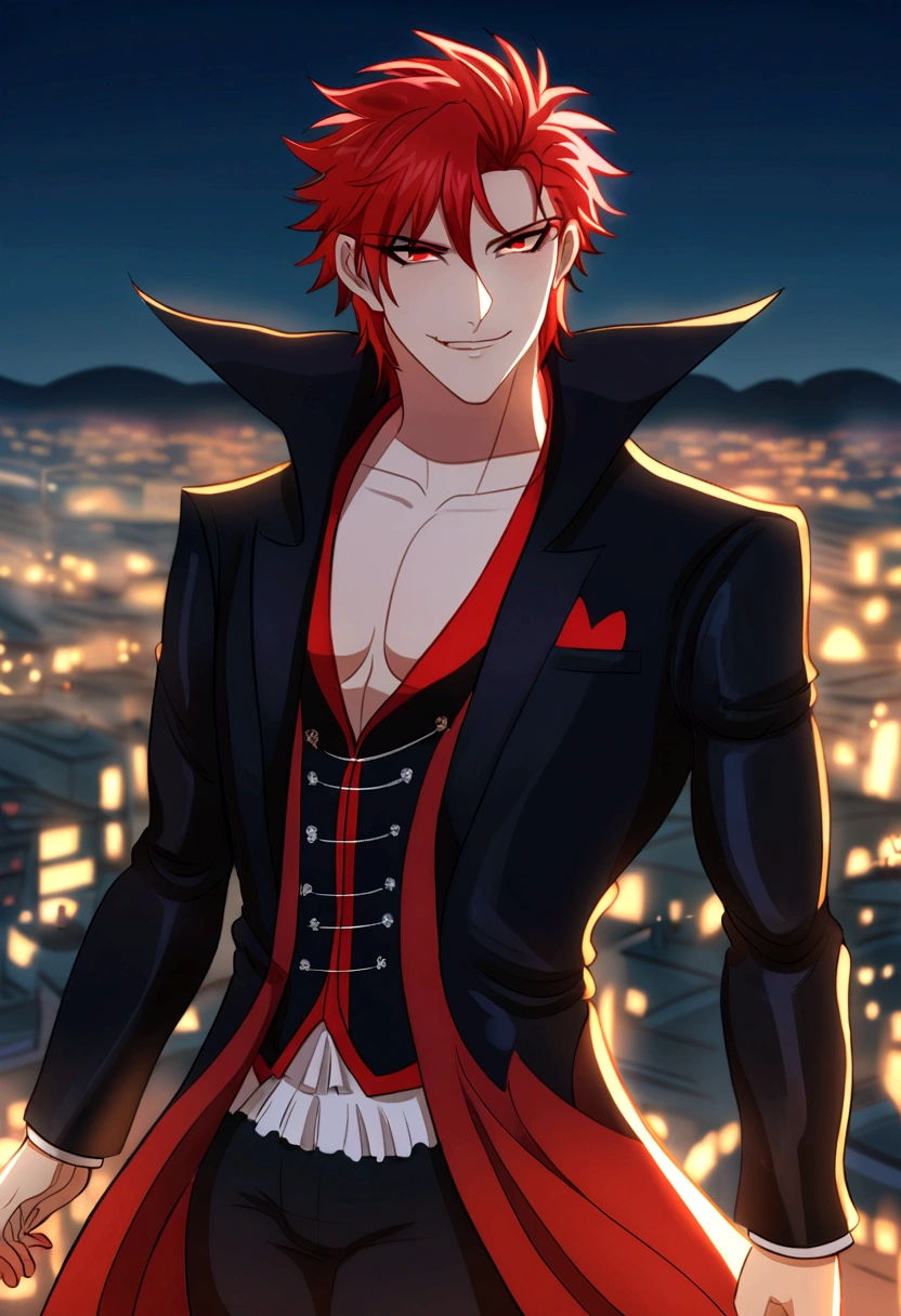 anime character with red hair and a black jacket, with red hair, anime handsome man, male anime character, 1boy, solo, suoh mikoto, k project, (((vampire))), insanity, malkavian, city in background, (night), smirk, cowboy shot, dynamic lighting