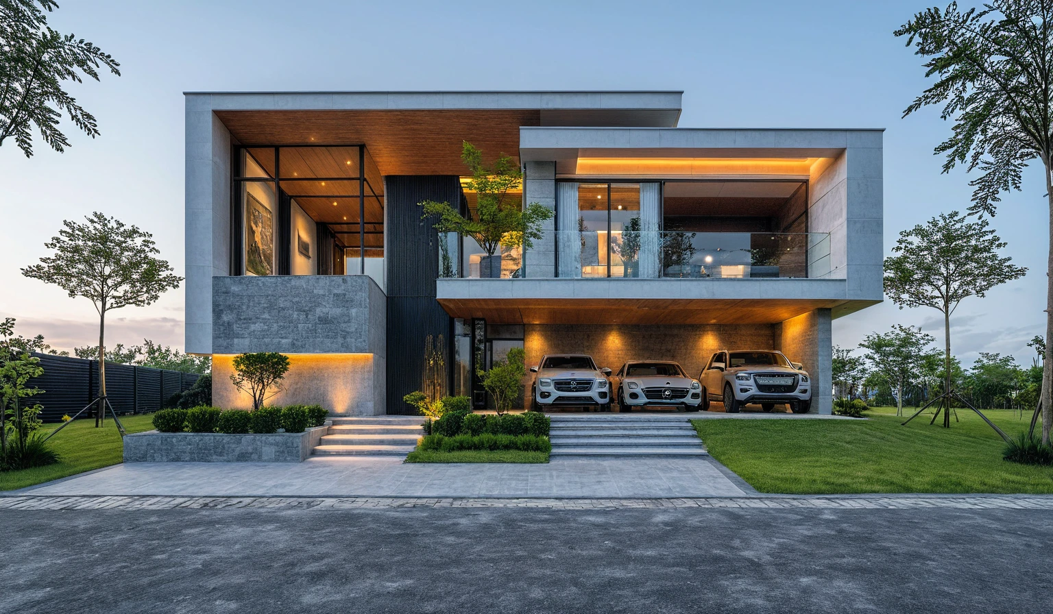 Masterpiece, high quality, best quality, 3d rendering, super detailed, outdoor, two-story villa, aiaigroup, modern house style on the street, stairs, white wall, accent wall Gray stone cladding on the left, road, sidewalk, grass, trees, sky, clouds, (daylight: 1.1)