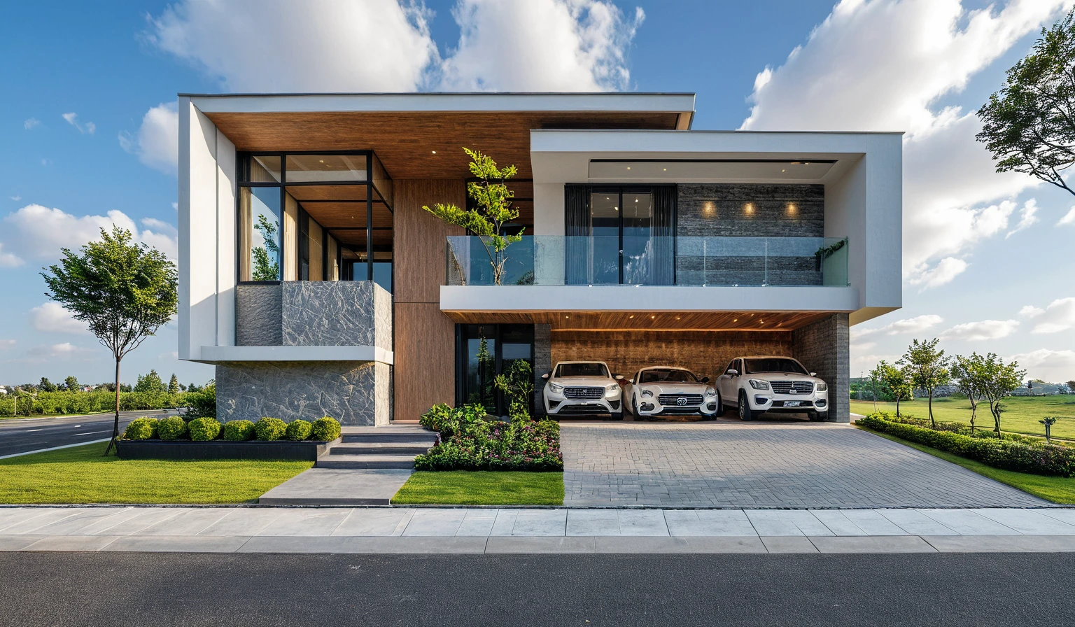 Masterpiece, high quality, best quality, 3d rendering, super detailed, outdoor, two-story villa, aiaigroup, modern house style on the street, stairs, white wall, accent wall Gray stone cladding on the left, road, sidewalk, grass, trees, sky, clouds, (daylight: 1.1)