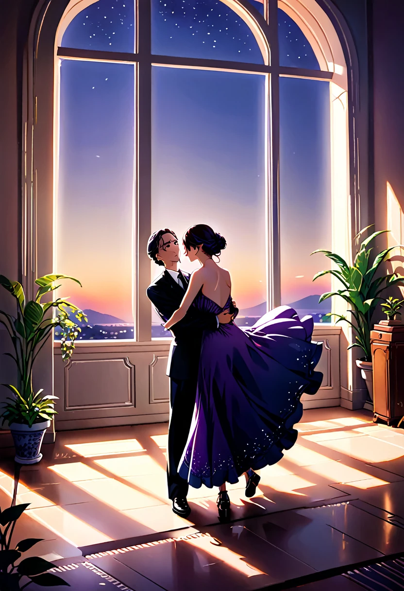 In an Art Deco Ballroom in the 1920s, an French window with arched top leads to a balcony, Outside, it's dusk, and small stars are shining in the dark blue sky, A small star is coming,  outthere is a potted plant by the window, and a man and woman are dancing the tango facing each other. The man is facing forward and the woman has her back to the viewer. The man is wearing a black suit and the woman is wearing a long purple dress. The dress is sleeveless with a large V-shaped opening at the chest and a long slit, exposing their thighs. The lighting is from directly above, and shadows are cast on the eye sockets, making it impossible to read their expressions.