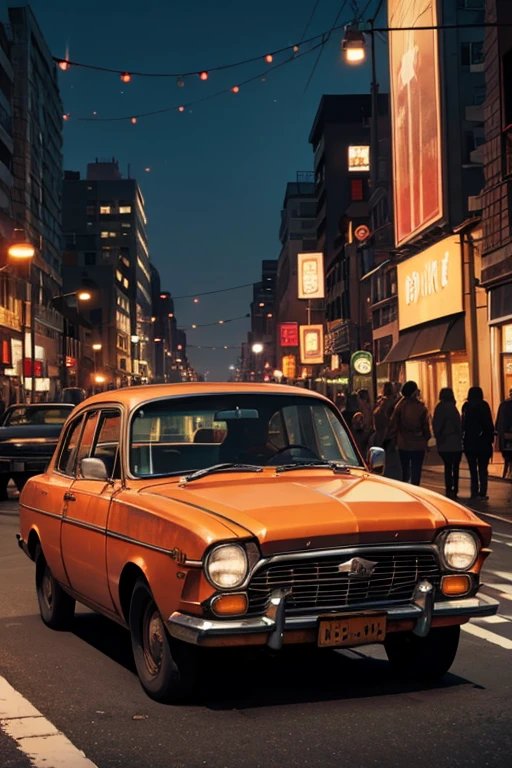 rusty old car, driving in city, evening