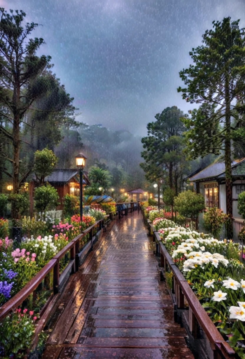 Heavy rain, midnight   ,  foggy and Raining,  wet  , The path stretches along a wooden promenade filled with small flower 