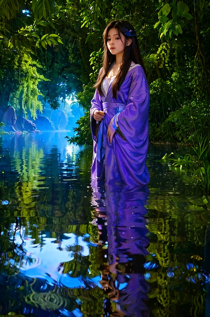 Create a 4K image of the Mirror Lake, a tranquil and pristine body of water surrounded by lush forests. The lake's surface is so calm and clear that it perfectly reflects the sky and surrounding trees, creating a mirror-like effect. The Lorasia prince in blue armor, the Samaltoria prince with shoulder-length brown hair in green armor, and the Moonbrooke princess with long silver hair in a flowing purple robe stand at the water's edge, admiring the breathtaking view. The scene is peaceful and magical, with gentle sunlight filtering through the trees.