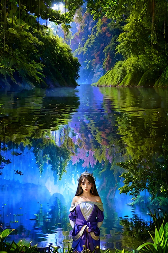 Create a 4K image of the Mirror Lake, a tranquil and pristine body of water surrounded by lush forests. The lake's surface is so calm and clear that it perfectly reflects the sky and surrounding trees, creating a mirror-like effect. The Lorasia prince in blue armor, the Samaltoria prince with shoulder-length brown hair in green armor, and the Moonbrooke princess with long silver hair in a flowing purple robe stand at the water's edge, admiring the breathtaking view. The scene is peaceful and magical, with gentle sunlight filtering through the trees.