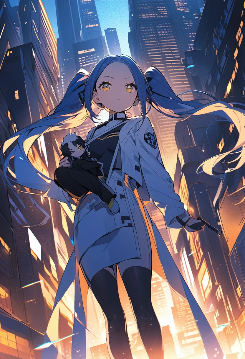 (One very tall woman,Navy Blue Hair,Her hairstyle is twin tails that expose her forehead., yellow eyes,Medium chest,Dynamic Angle)black1Color ,blackの長ズボン,The woman is carrying a spear in one hand.,Cityscape