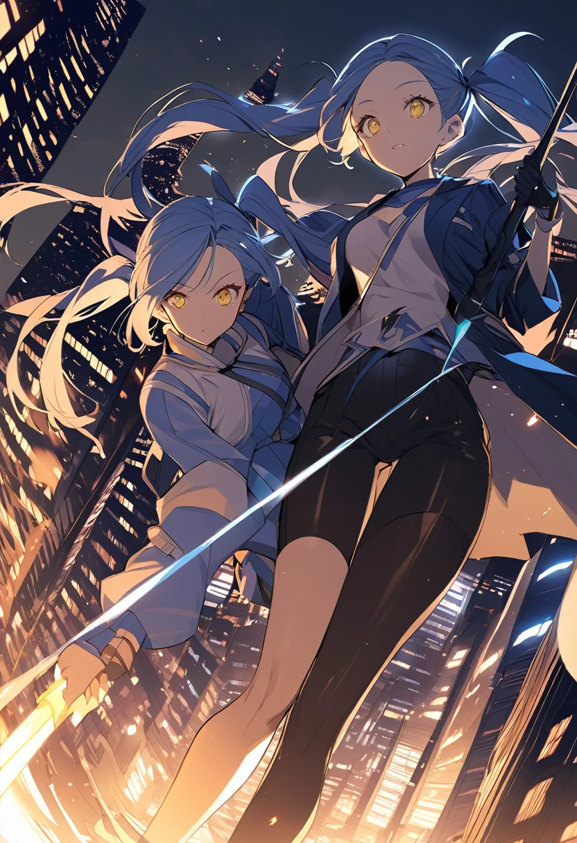 (One very tall woman,Navy Blue Hair,Her hairstyle is twin tails that expose her forehead., yellow eyes,Medium chest,Dynamic Angle)black1Color ,blackの長ズボン,The woman is carrying a spear in one hand.,Cityscape