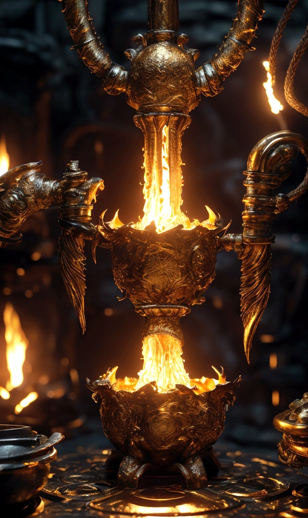 detailed golden forge, glowing molten metal, intense flames, muscular blacksmith, fire hair, sweat glistening, dynamic movement, intricate details, rich color palette, dramatic lighting, cinematic composition, award winning digital art, concept art, octane render, unreal engine, 8k, photorealistic