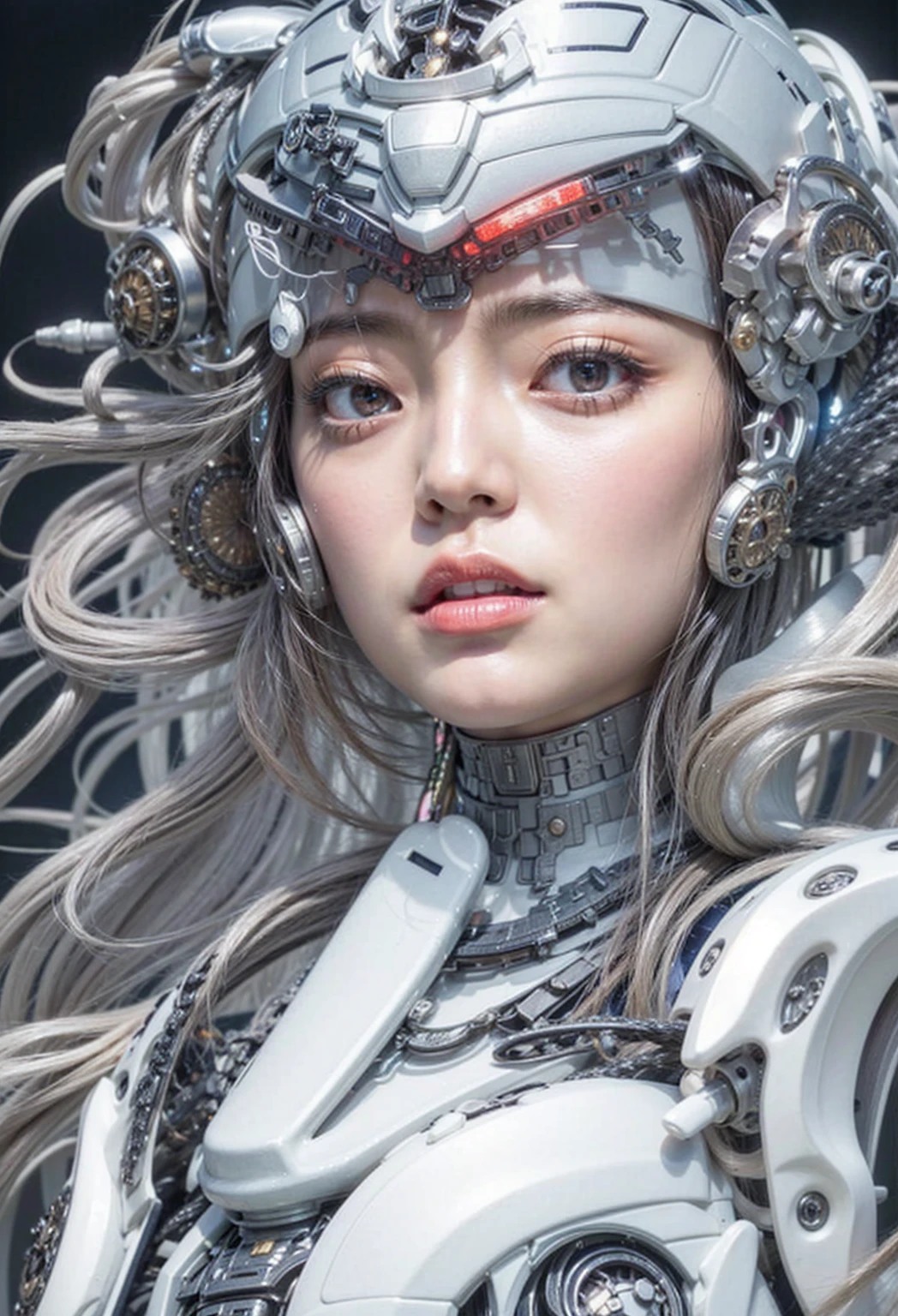 Dystopian night scene, very intricate details, Japanese woman wearing model-like armor, beautiful face, legs, cylinders that look like muscles, pose in motion, 8k, ultra high resolution, super realism, realistic photo, taken with Fuji film X-T30.+Nokton. HDR10