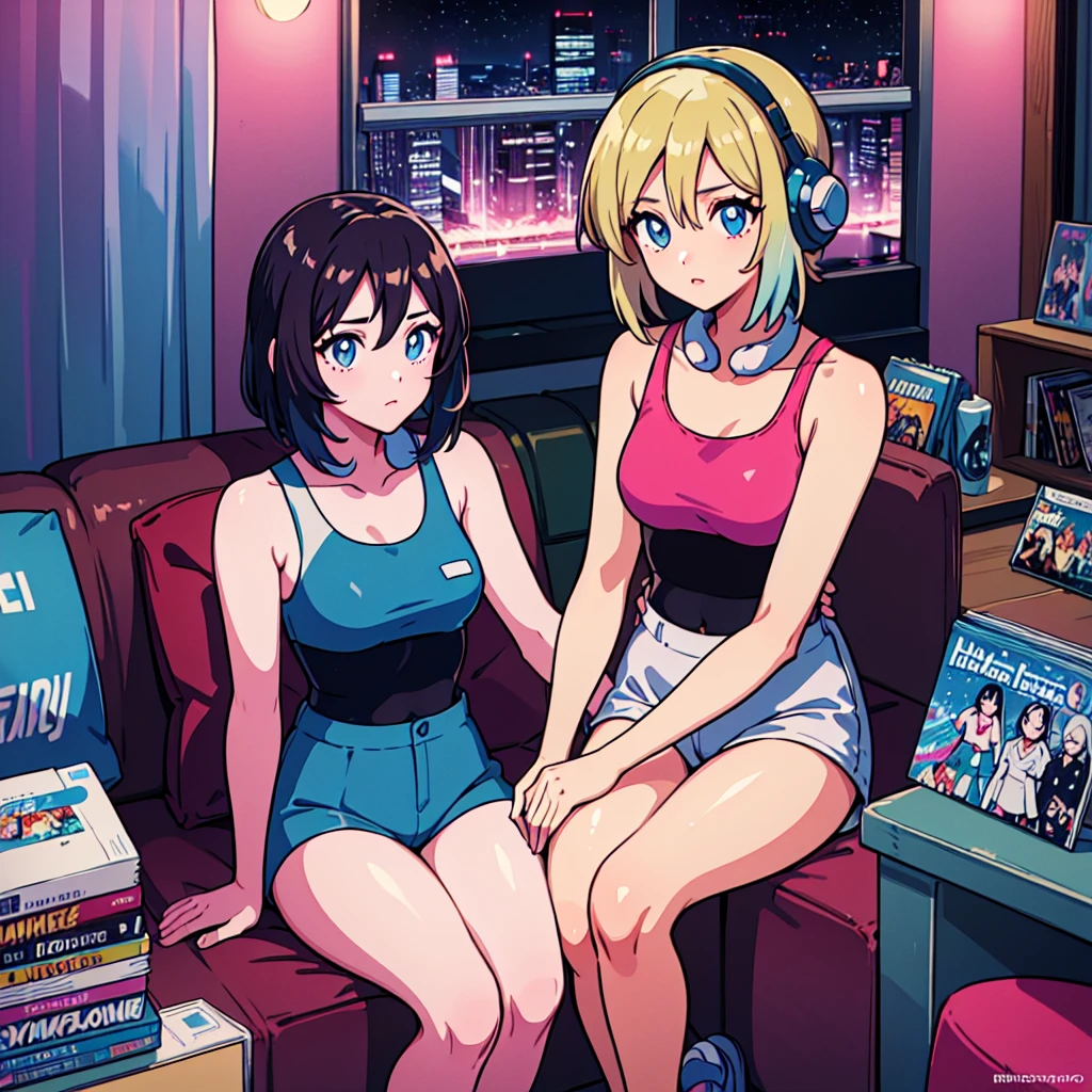 (masterpiece), Highest quality, Expressive eyes, Neon pastel aesthetics, Retro 90s, Neon color,((Girl sitting on sofa,In a cozy room,Records hanging on her wall, Comic books on the floor, Looking out the window behind her at the night city, Upholstered room, Anime figures lined up on a shelf)), Wearing headphones, (All around her it sparkles), (wearing thick colorful sneakers), (blue eyes), (Soft look), (Synthwave Art Style), Colorful Hair, Desk with PC set up