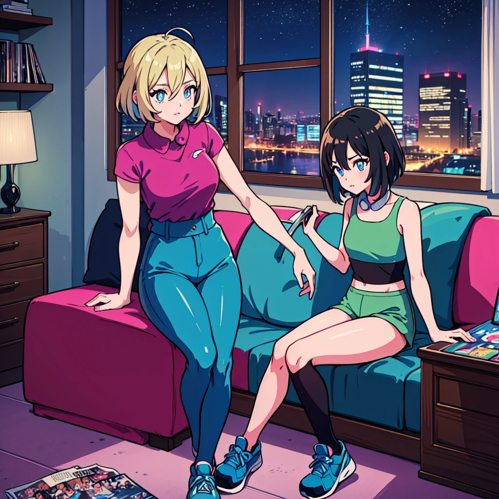 (masterpiece), Highest quality, Expressive eyes, Neon pastel aesthetics, Retro 90s, Neon color,((Girl sitting on sofa,In a cozy room,Records hanging on her wall, Comic books on the floor, Looking out the window behind her at the night city, Upholstered room, Anime figures lined up on a shelf)), Wearing headphones, (All around her it sparkles), (wearing thick colorful sneakers), (blue eyes), (Soft look), (Synthwave Art Style), Colorful Hair, Desk with PC set up