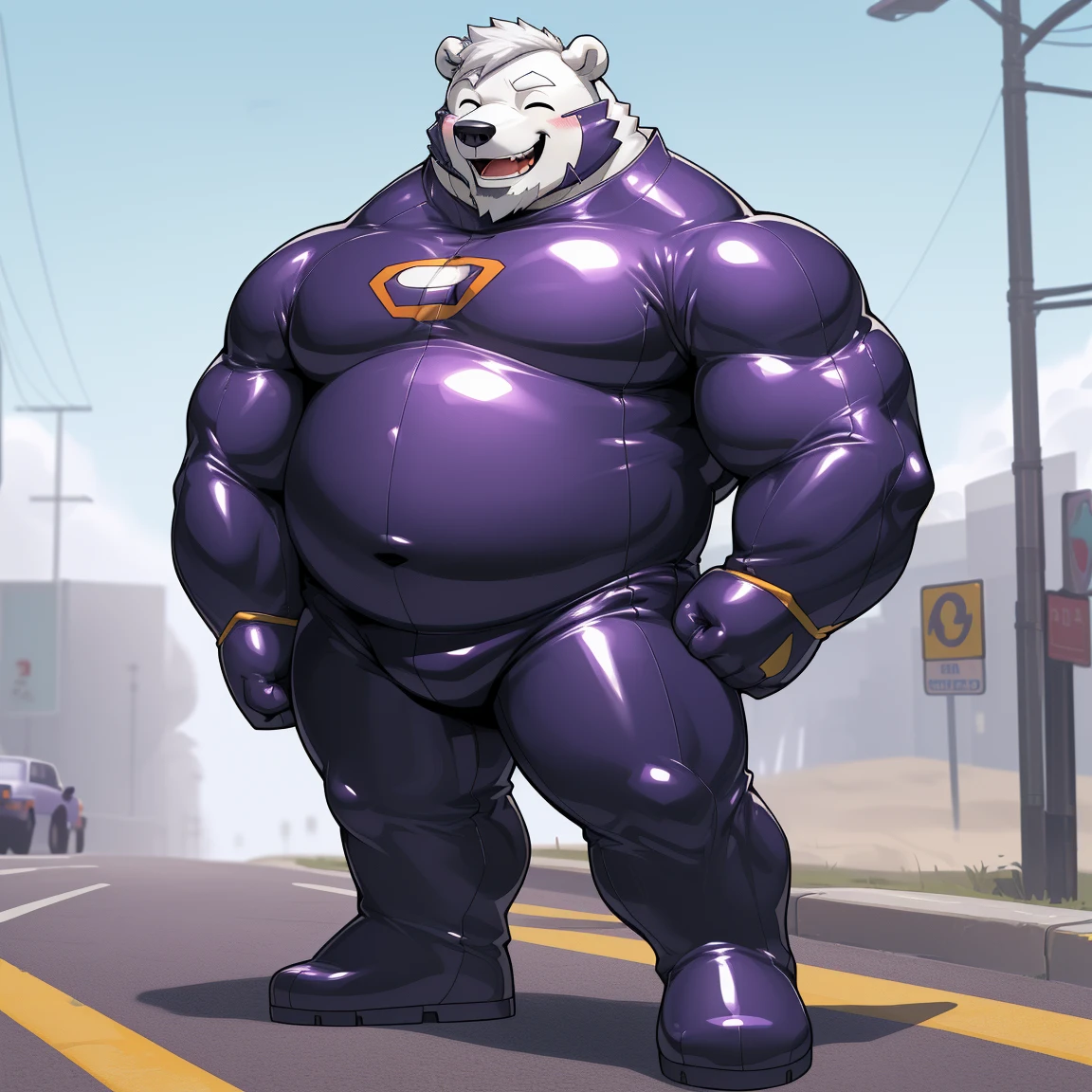 masterpiece, best quality, 8k resolution, Very detailed, hairy,(((polar bear)),(((Mature))),(((beard))),(((Strong))),(((White hair all over body))),portrait,(((White hair))),(((Roadside))),(((mask))),For the audience,(((Purple gel coat))),(((Tight rubber suit))),Highest quality scene,Solitary,solitary,(((whole body))),(((The left eye is closed))),(((Hands behind your back))),(((The right eye is open))),(((Standing with legs apart))),(((Laughing))),((Fat-enclosed muscle)),(((Round face))),(((alone))),(((Strong body))),(((Hip bulge))),(((huge))),(((Super hero))),(((Long legs)))