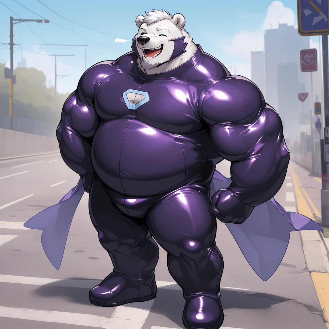 masterpiece, best quality, 8k resolution, Very detailed, hairy,(((polar bear)),(((Mature))),(((beard))),(((Strong))),(((White hair all over body))),portrait,(((White hair))),(((Roadside))),(((mask))),For the audience,(((Purple gel coat))),(((Tight rubber suit))),Highest quality scene,Solitary,solitary,(((whole body))),(((The left eye is closed))),(((Hands behind your back))),(((The right eye is open))),(((Standing with legs apart))),(((Laughing))),((Fat-enclosed muscle)),(((Round face))),(((alone))),(((Strong body))),(((Hip bulge))),(((huge))),(((Super hero))),(((Long legs)))
