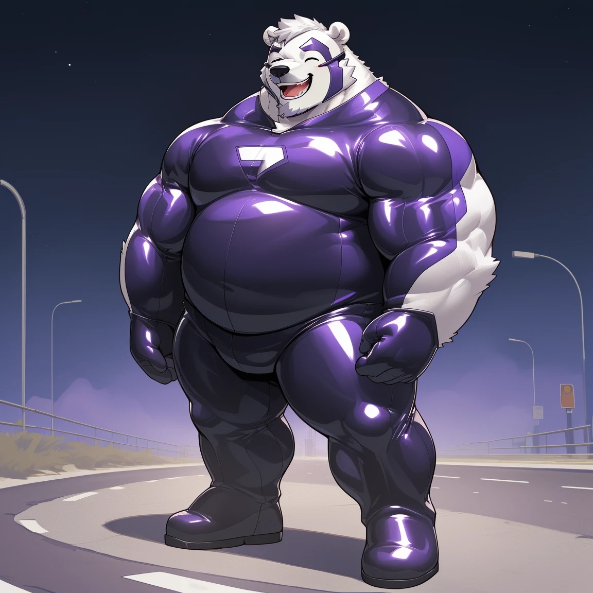 masterpiece, best quality, 8k resolution, Very detailed, hairy，(((polar bear))，(((Mature)))，(((beard))),(((Strong)))，(((White hair all over body)))，portrait，(((White hair)))，(((Roadside)))，(((mask)))，For the audience，(((Purple gel coat))),(((Tight rubber suit)))，Highest quality scene，Solitary，solitary，(((whole body)))，(((The left eye is closed)))，(((Hands behind your back)))，(((The right eye is open))),(((Standing with legs apart)))，(((Laughing)))，((Fat-enclosed muscle))，(((Round face)))，(((alone)))，(((Strong body)))，(((Hip bulge)))，(((huge)))，(((Super hero)))，(((Long legs)))