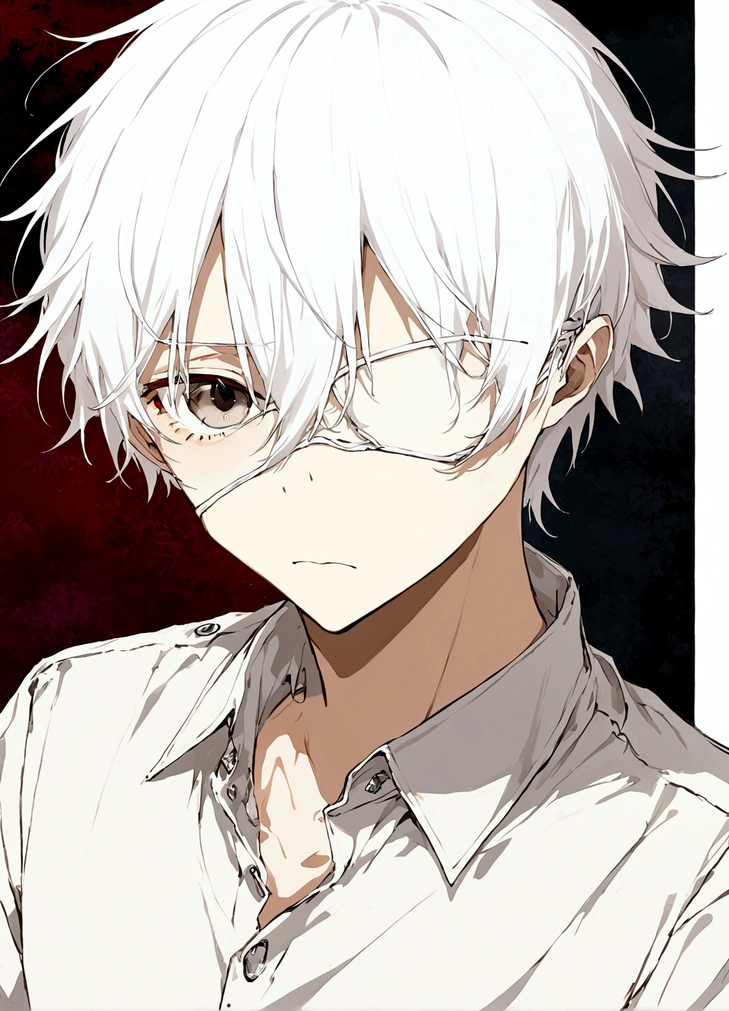 1boy,black eyes,White hair,White eye patch,Collared shirt,shut up,Simple background,solo,