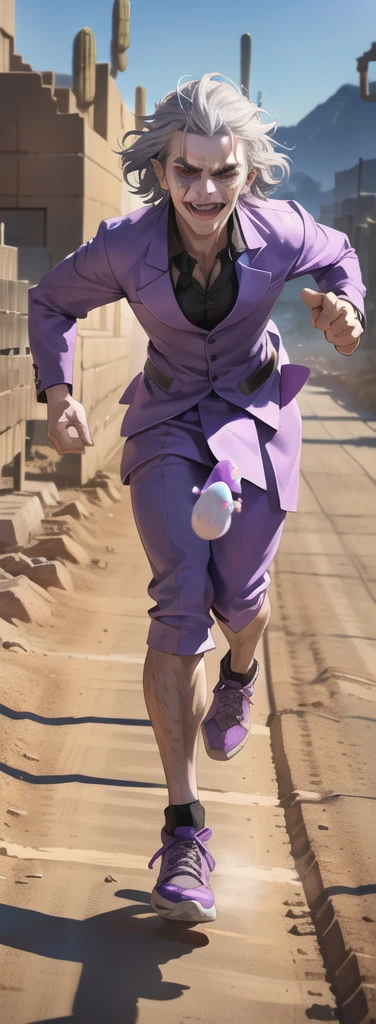 Portrait of a man in his 40s、standing、silver hair、the joker、purple dress , open mouth , Long body、 full body、(desert:1.5)、Hand holding a large egg, (Running away towards the camera:1.5)