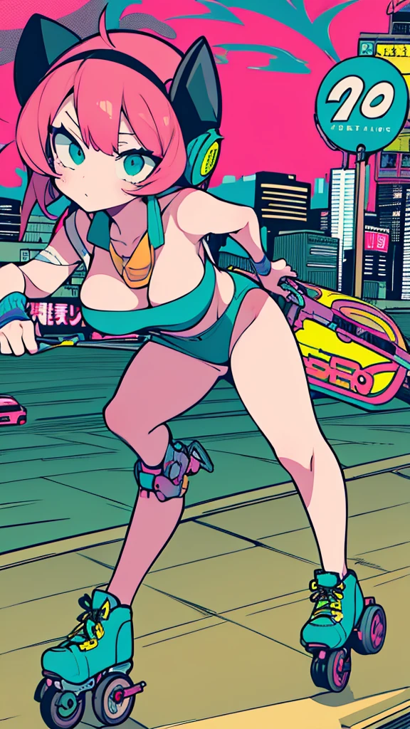 Best quality, (masterpiece:1.2), best detail face,1 girl is walking, big breasts, 18 yo, 8k,absurdres,unity 8k wall paper,(extremely detailed:1.3), highest realistic, (retro headphones:1.1),(psychedelic:1.2),Retro cityscape, 1girl in, retro artstyle, neon art style_Pop, public, outside of house, street signs, sports wear, 18 yo,Lots of signs with kanji written on them, ((retro city mood)), dark green pallet, (((Playing on roller skates)))