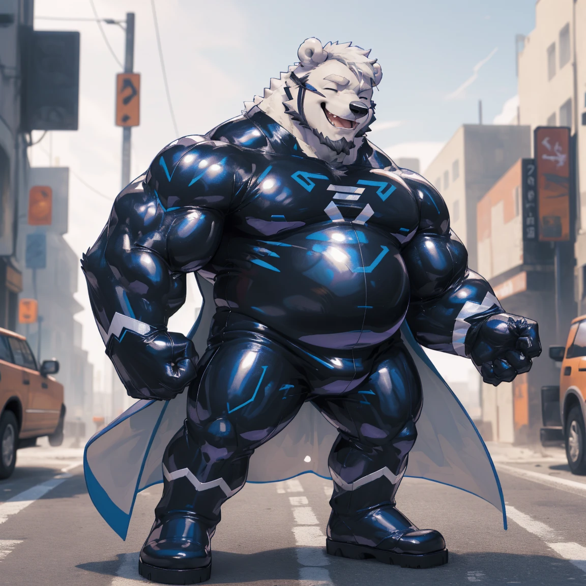 masterpiece, best quality, 8k resolution, Very detailed, hairy,(((polar bear)),(((Mature))),(((beard))),(((Strong))),(((White hair all over body))),portrait,(((White hair))),(((Roadside))),(((Half face mask))),For the audience,(((Purple gel coat))),(((Tight rubber suit))),Highest quality scene,Solitary,solitary,(((whole body))),(((The left eye is closed))),(((Hands are behind you))),(((The right eye is open))),(((Standing with legs apart))),(((Laughing))),((Fat-enclosed muscle)),(((Round face))),(((alone))),(((Strong body))),(((Hip bulge))),(((huge))),(((Super hero))),(((Long legs)))