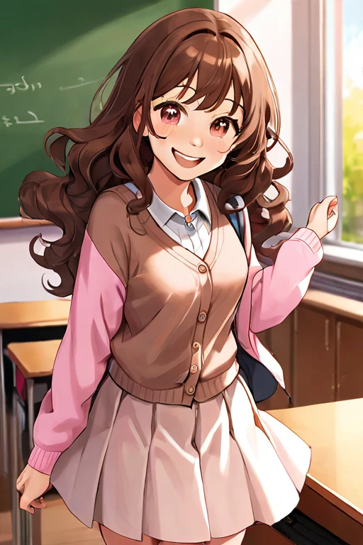 A beautiful young student girl smiling, wide grin, long brown curls, light brown eyes, white skirt, pink cardigan, in a classroom