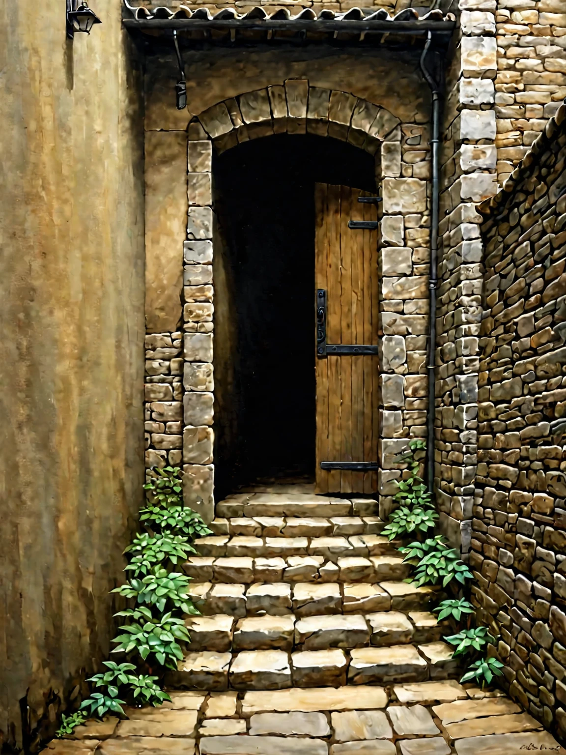 The image you sent me is of a doorway leading to a tunnel.. The alley is dark and gloomy, The door is closed. The stairs are made of stone, And then continue to the entrance. The painting style is somewhat impressionistic., With gentle strokes、The emphasis is on conveying the overall atmosphere and mood of the scene.. The dark and mysterious atmosphere of this scene、This suggests that the intention may be to evoke a sense of expectation and tension.。. The audience is、You&#39;ll wonder what&#39;s behind closed doors, Are the stairs going up or down?. The whole atmosphere of the painting is one of mystery and suspense.。. The darkness of the tunnel and the latticed windows、It suggests that something dangerous or unknown lurks within.。. Thick stone walls and heavy wooden doors、Increasing feelings of isolation and isolation。. This painting is、It is reminiscent of the works of Dutch Golden Age painters such as Pieter de Hooch and Johannes Vermeer.。. Use light and shadow to create realistic and atmospheric scenes, Helps create a sense of mystery and intrigue. A painting of a dark and mysterious alley. The walls of the alley are made of rough stone.、Covered in moss and dirt. The only light in the alley is a small, A flickering oil lamp hangs above the doorway. The entrance is heavy, Made of oak、Painted dark green. The door is slightly open, Stone steps leading down into a dark tunnel. The tunnel is shrouded in darkness, I can&#39;t see what&#39;s on the other side. ((Surreal Abstract Art)), Impressionist oil painting, Mysterious and whimsical, Dreamy and magical, Bold brushstrokes, Pastel Color Palette, Vibrant colors, Perfect Rule of Thirds Composition, Very sharp