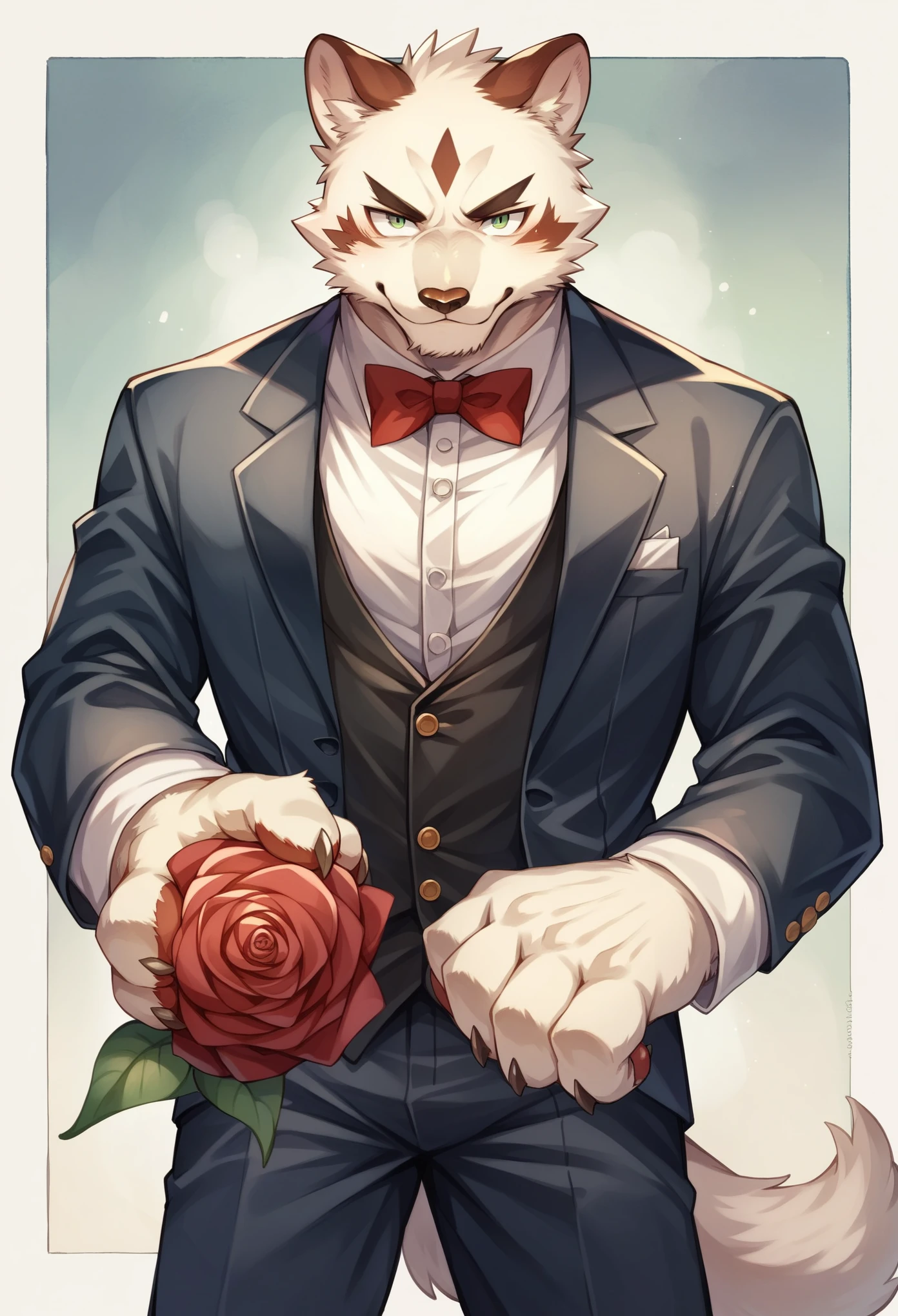 Watercolor elements, 1boy, kemono, furry, detailed body fur, animal face, animal hand, Handsome boy in tuxedo holding a red rose and looking at viewer,