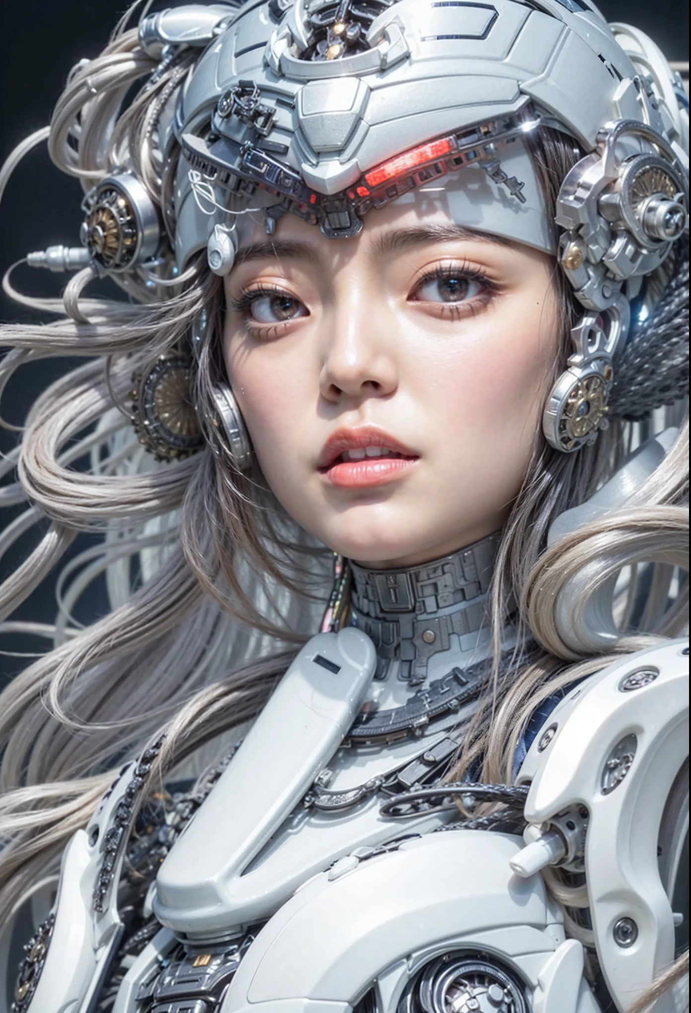 Dystopian night scene, very intricate details, Japanese woman wearing model-like armor, beautiful face, legs, cylinders that look like muscles, pose in motion, 8k, ultra high resolution, super realism, realistic photo, taken with Fuji film X-T30.+Nokton. HDR10