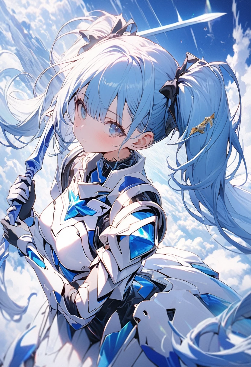 High quality, high definition, hig
h precision images,8k 1 Girl Robot Girl、Blue hair,Twin tails,blue eyes(,Flying in the sky)、With a White and blue Holds a blue and white spear in hand,Blue and white clothing,He's wearing flashy robot armor.Full-body view