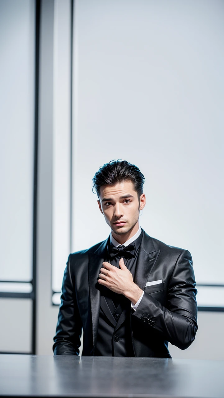 arafed man in a black suit, handsome male, handsome and attractive, handsome and elegant, portrait image, upper body, man in black suit, male model, attractive male, vitaly bulgarov, wearing a saint lauren black suit, attractive and good looking, luxury commercial photography