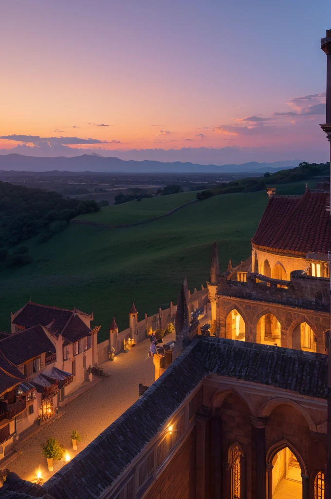 Create a 4K image of Lorasia Castle at sunset. The castle, with its tall, majestic towers and fortifications, stands proudly on a hill overlooking a vast, serene landscape. The sky is painted with shades of orange, pink, and purple as the sun sets. The Lorasia prince, with short blond hair and clad in blue armor, stands on a balcony, gazing out at the horizon. Banners flutter gently in the evening breeze, and the scene is bathed in the warm, glowing light of the setting sun.