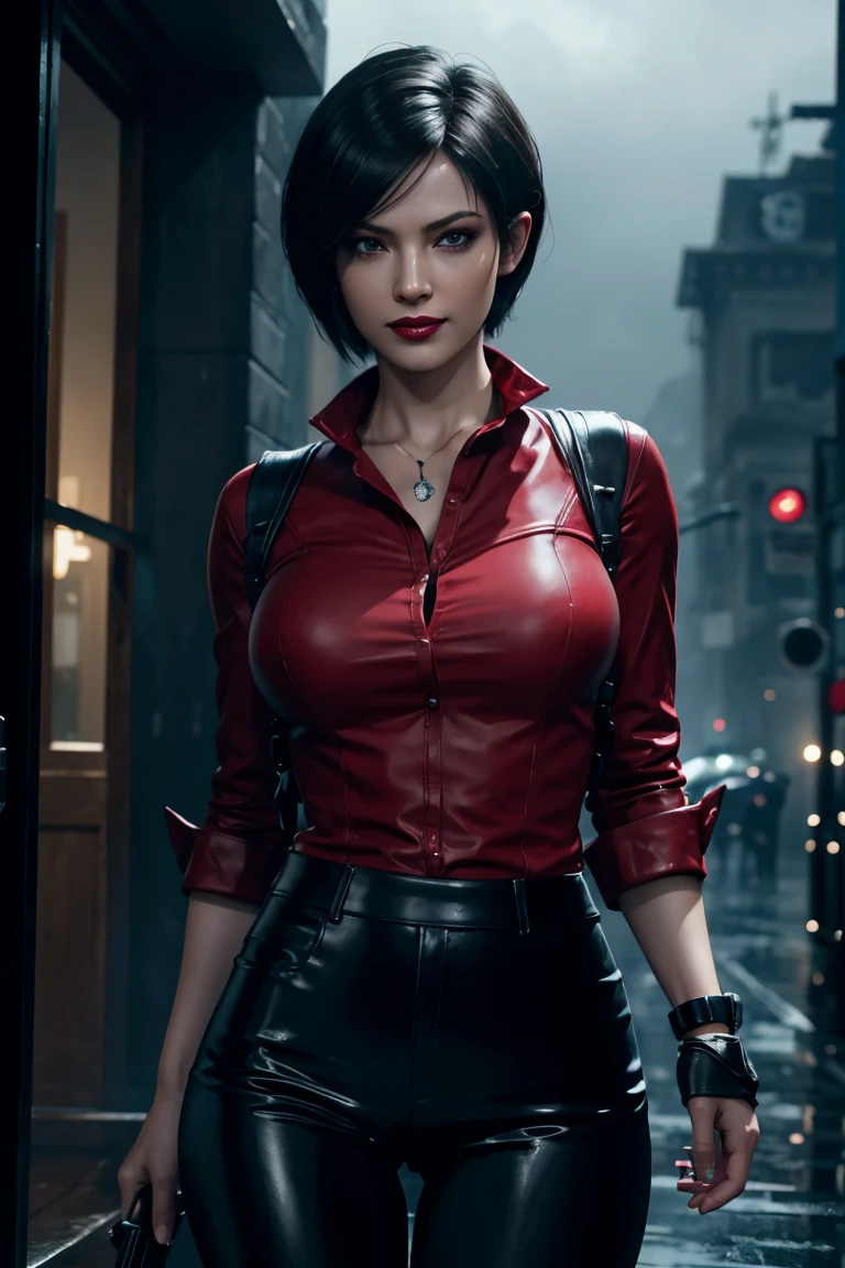 Resident Evil 6,Ada,Short Hair,Red Shirt,Stand up your collar,Black Leather Pants,Photorealistic,Ultra HD,high quality,masterpiece,Digital SLR,Detailed details,Intricate details,Anatomical basis,Depicted in detail,A detailed face,Realistic skin texture,Vivid details,Perfect Anatomy,Perfect Anatomy,Anatomically correct hand,Anatomically correct fingers,Super Detail,Complex 3D rendering,Sexy pose,Rainy Sky,Beautiful scenery,Fantastic rainy sky,Picturesque,Red Lip,smile,