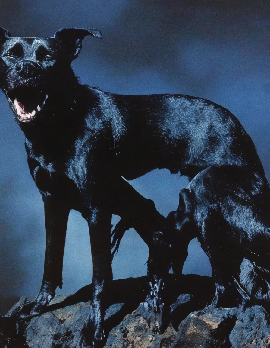 black dog in horror scene, blue background