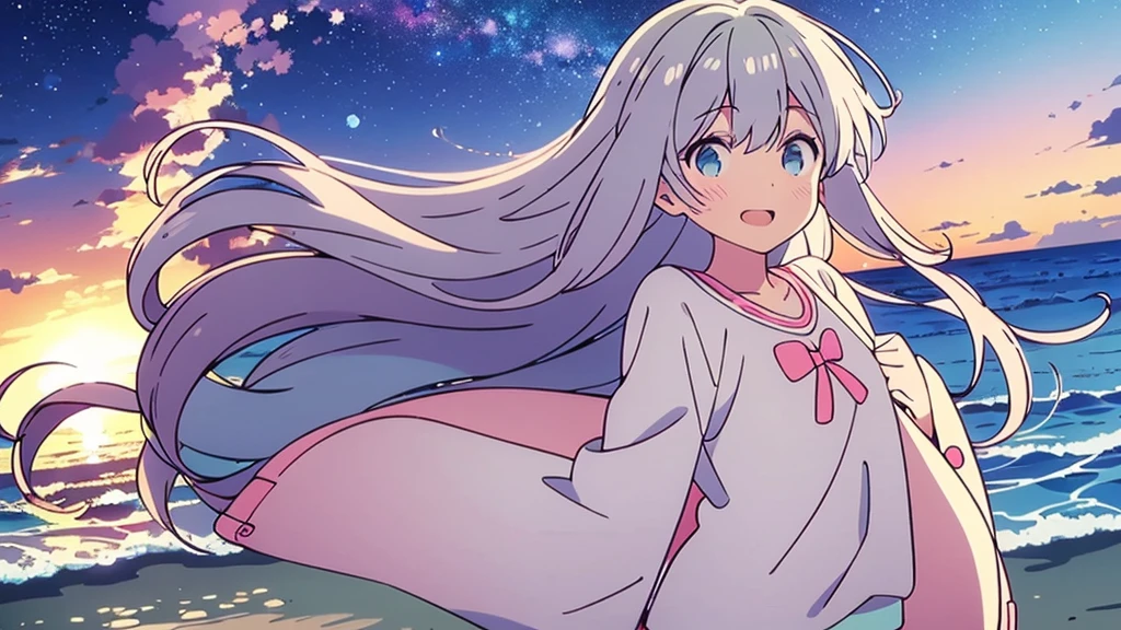 Una linda camisa blanca que la deja ver. 、Falda de vuelo celeste con volantes、Se levanta la falda con ambas manos para lucir su linda ropa interior blanca.、Linda ropa interior blanca visible cuando se levanta la falda.、Playa de arena, Mar hermoso, noche y cielo estrellado