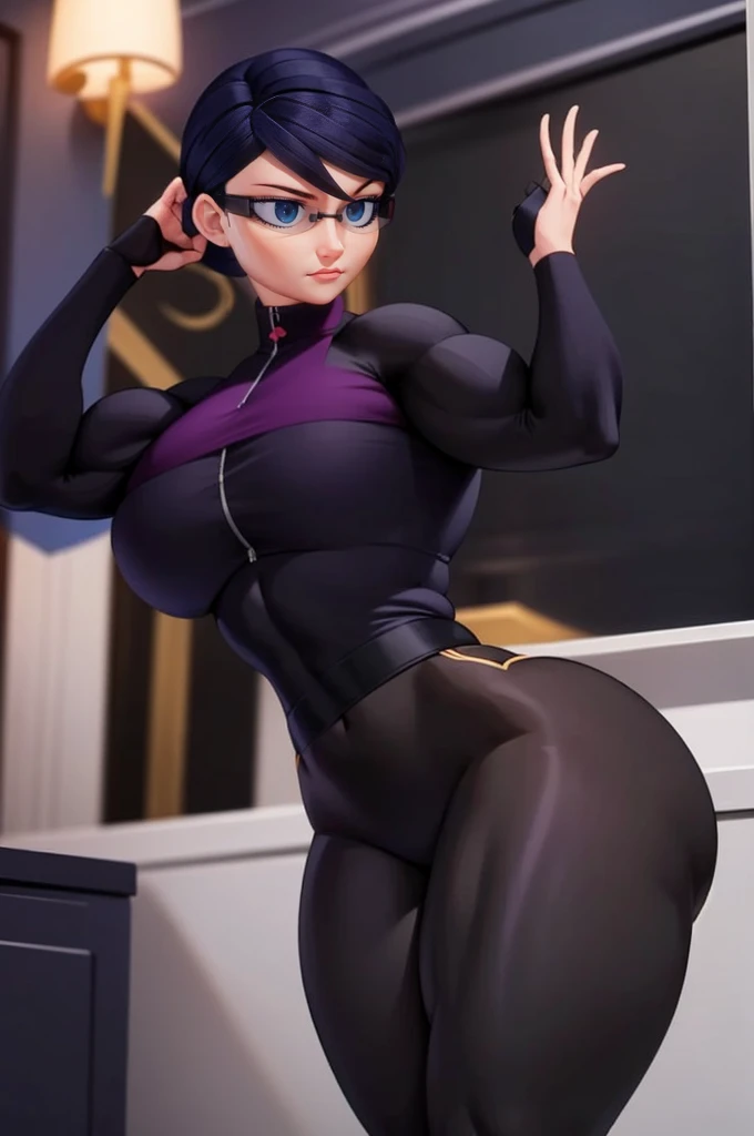 Create a detailed and realistic image of Natalie Sancoeur from Miraculous Ladybug as a big female bodybuilder. She should have a muscular and well-defined physique, showcasing her strength and power. Natalie is wearing a sleek black bikini that accentuates her powerful build. Ensure her face retains her characteristic features, including her stern yet elegant expression. The background can be a gym or a neutral setting to highlight her impressive figure. Emphasize the contrast between her usual demeanor and her new, imposing physical presence.