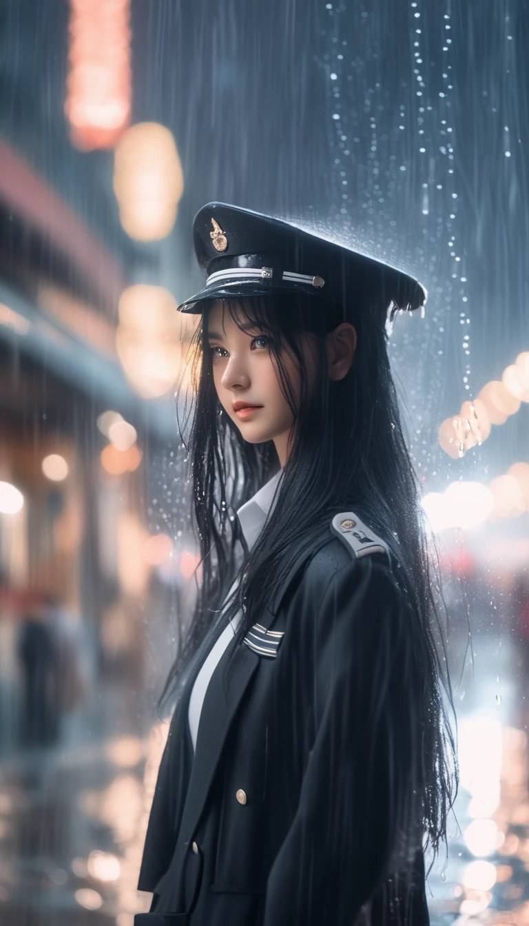 1girl, long black hair, uniform, shy, blush, wet, rain, transparent, (masterpiece, best quality), soft light, cinematic composition, cinematic light
