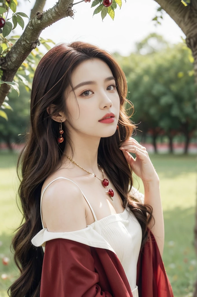 (((best quality))),(((ultra detailed))),(((masterpiece))),illustration,1 beautiful girl,solo,earrings,necklace,medium straight hair,slim,flat chest,red dress,summer,(cherry orchard full of red cherries:1.2),sunlight,dappled light,fair skin,smile,(ripest cherries on the trees:1.3),red lips,chirping birds,soft rustle,peaceful,summer breeze,blush face,hair fluttering,sweet nectar,joy,setting sun,radiant hue,turns,beauty grace,sweetness