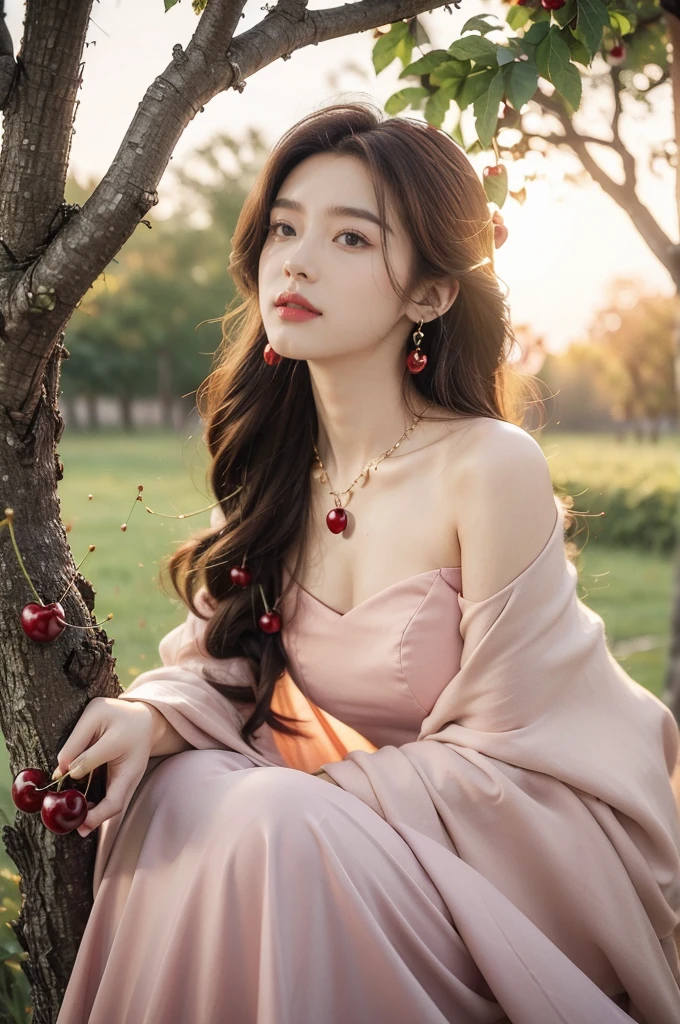 (((best quality))),(((ultra detailed))),(((masterpiece))),illustration,1 beautiful girl,solo,earrings,necklace,medium straight hair,slim,flat chest,red dress,summer,(cherry orchard full of red cherries:1.2),sunlight,dappled light,fair skin,smile,(ripest cherries on the trees:1.3),red lips,chirping birds,soft rustle,peaceful,summer breeze,blush face,hair fluttering,sweet nectar,joy,setting sun,radiant hue,turns,beauty grace,sweetness