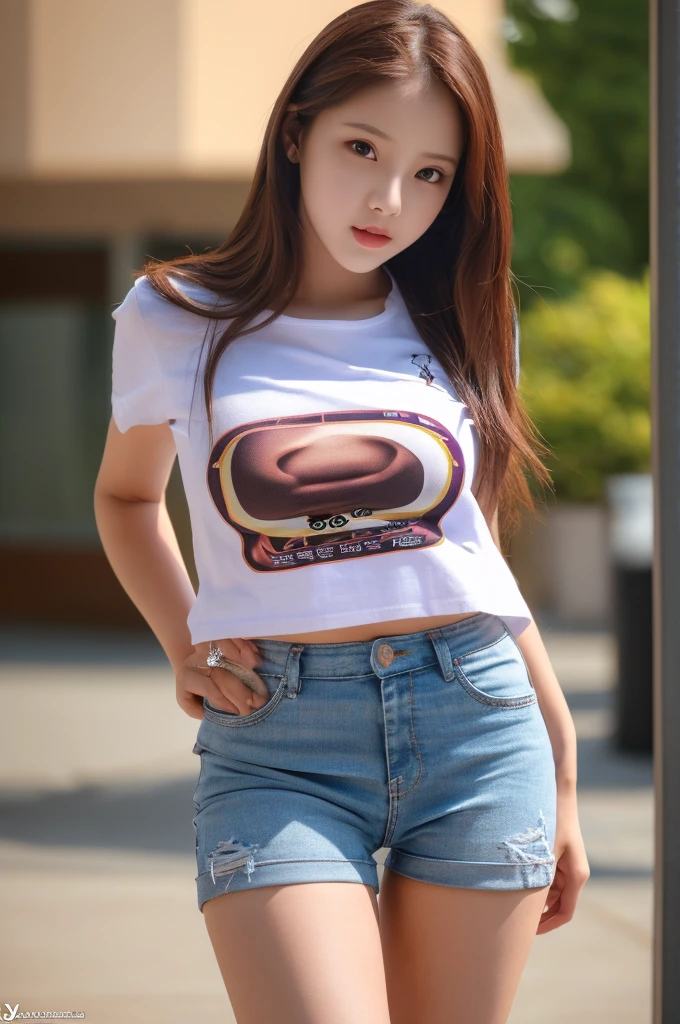 the prettiest face of a 18 year old actress, perfect proportions of female body, t-shirt is worn on female breasts, female crotch between legs is seeable thanks to low rise denim shorts are too short and loose, standing, nsfw, best quality, highly detailed, masterpiece, ultra high res, photo realistic, 8k
