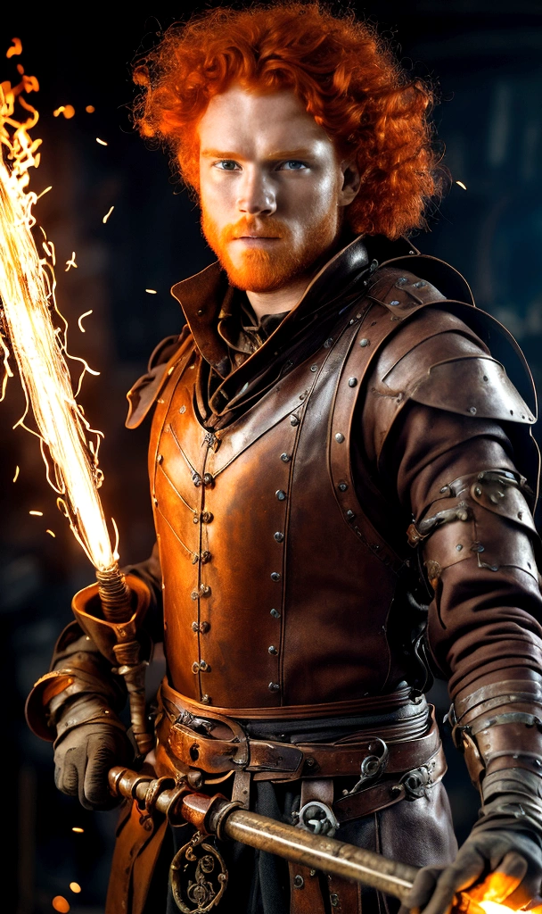 masterpiece, detailed portrait of a blacksmith with flaming red hair forging an ancient relic, intricate metalwork, muscular male figure, intense expression, dramatic lighting, sparks flying, textured metal, glowing embers, steampunk, cinematic, highly detailed, 8k, photorealistic
