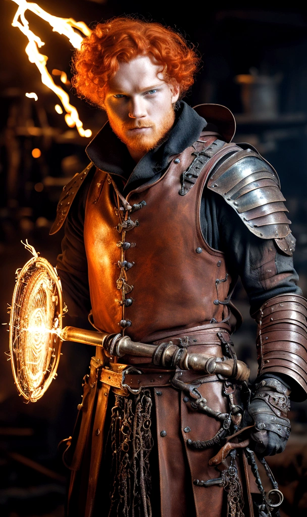 masterpiece, detailed portrait of a blacksmith with flaming red hair forging an ancient relic, intricate metalwork, muscular male figure, intense expression, dramatic lighting, sparks flying, textured metal, glowing embers, steampunk, cinematic, highly detailed, 8k, photorealistic