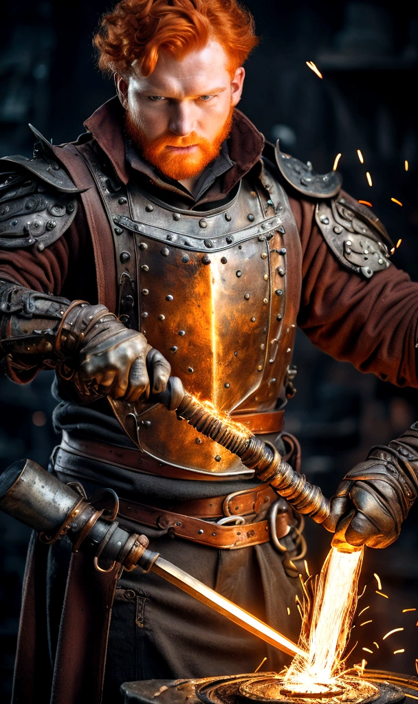 masterpiece, detailed portrait of a blacksmith with flaming red hair forging an ancient relic, intricate metalwork, muscular male figure, intense expression, dramatic lighting, sparks flying, textured metal, glowing embers, steampunk, cinematic, highly detailed, 8k, photorealistic