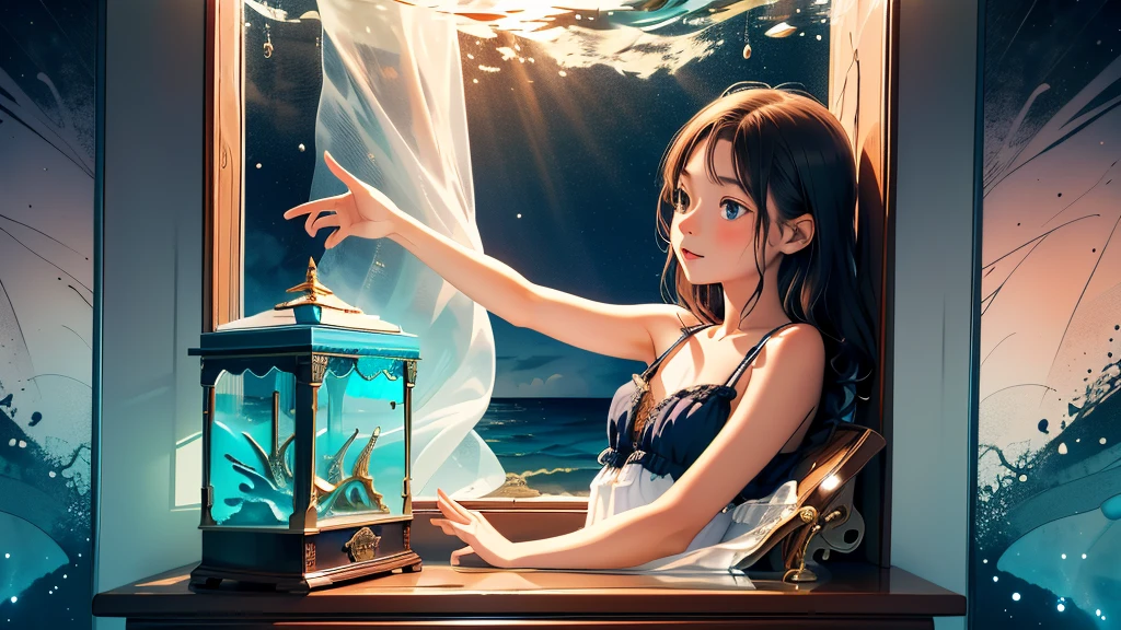 A young girl gazes out of a window into the depths of the ocean. Outside, the sea floor is visible, with an antique music box resting on the sand. The scene exudes a mystical and enchanting atmosphere.