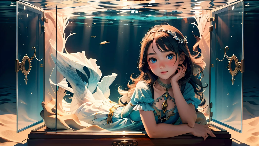 A young girl gazes out of a window into the depths of the ocean. Outside, the sea floor is visible, with an antique music box resting on the sand. The scene exudes a mystical and enchanting atmosphere.