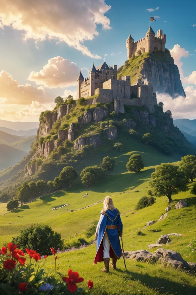Create a 4K image of the opening scene from "Dragon Quest II," featuring a vast and beautiful plain with Lorasia Castle in the background. The plain is covered in lush green grass, dotted with colorful wildflowers, and gently rolling hills. In the distance, towering above the landscape, stands Lorasia Castle, a majestic structure with tall stone towers and fortified walls. The castle is adorned with flags and banners fluttering in the breeze. The sky is clear and blue, with a few fluffy white clouds.
In the foreground, the brave prince of Lorasia, a young man with short, spiky blond hair and dressed in blue armor with silver trim and a red cape, stands ready to embark on his journey. He gazes determinedly towards the horizon, where his adventure awaits. Birds soar gracefully in the sky, and the sun casts a warm, golden light over the entire scene, creating a sense of hope and adventure.