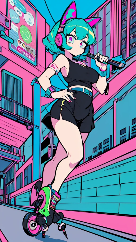 Best quality, (masterpiece:1.2), best detail face,1 girl is walking, big breasts, 18 yo, 8k,absurdres,unity 8k wall paper,(extremely detailed:1.3), highest realistic, (retro headphones:1.1),(psychedelic:1.2),Retro cityscape, 1girl in, retro artstyle, neon art style_Pop, public, outside of house, street signs, sports wear, 18 yo,Lots of signs with kanji written on them, ((retro city mood)), dark green pallet, (((Playing on roller skates)))