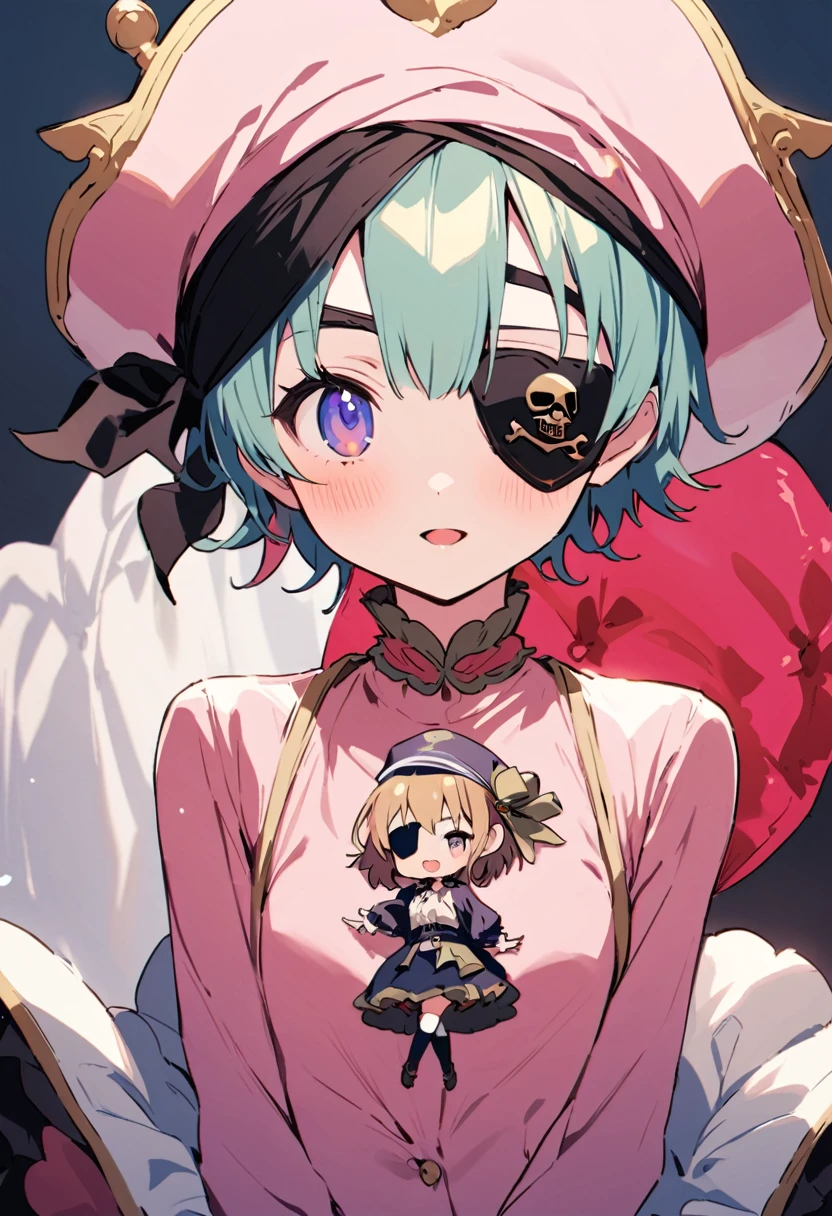 masterpiece, Highest quality, Illustration of the novel, High resolution, 18+ Adult content, Sensual, Intimate, Emotional, Passionate, romantic, sweet, Adorable, Innocent, Pure, Charmな, Charmな, Charm, mysterious, Charmな, Charmな, Immersive, Charmな, dream-like, Surreal, Imaginative, Whimsical, Artistic, Avant-garde, timeless, elegant, Sophisticated, chic, Sophisticated, personality, original, Charmな,((Loli Pirate:1.3)),((Eye patch:1.3))、((Upper Body:1.3))