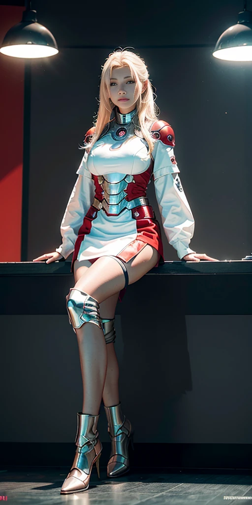 Roh, Meisterwerk, super nice photo, eine Frau, best quality, Ultra high resolution, Fotorealistischer Fotorealismus, Sonnenlicht, full body portrait, amazing beauty, dynamische pose, zartes Gesicht, leuchtende Augen, (Von der Seite), She wears a futuristic Iron Man mech, Farbschema aus Rot und Gold, sehr detaillierter verlassener Lagerhaushintergrund, detailliertes Gesicht, detailed complex busy background, unordentlich, beautiful, milky white, hochdetaillierte Haut, Realistische Hautdetails, Sichtbare Poren, scharfer Fokus, Volumen Nebel, 8K UHD, DSLR, good quality, Filmkorn, Helle Haut, Fotorealismus, Lomographie, huge metropolis in a future dystopia, von unten gesehen, durchscheinend